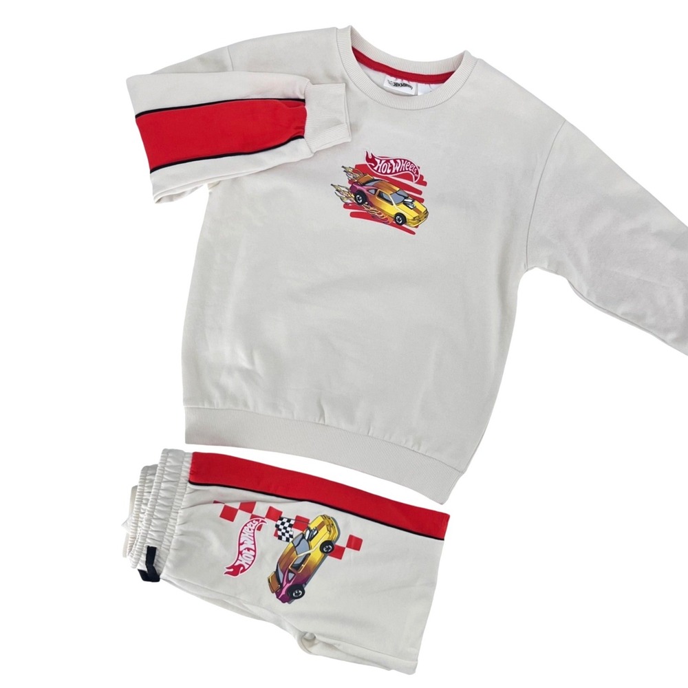 Hot Wheels Sweatshirt Joggers Set Boys Size 8 Birch White Red Racing Graphic NEW